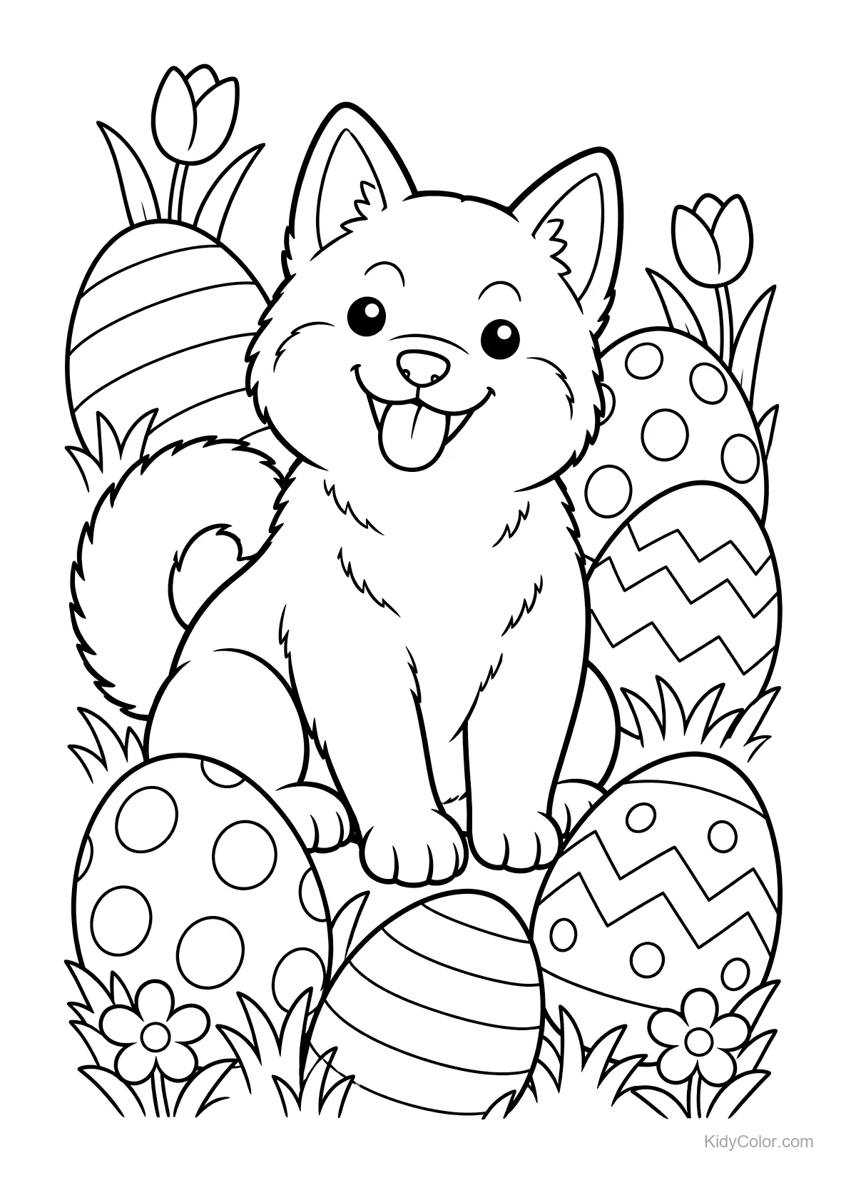 Shiba Inu dog sitting among decorated Easter eggs and flowers.