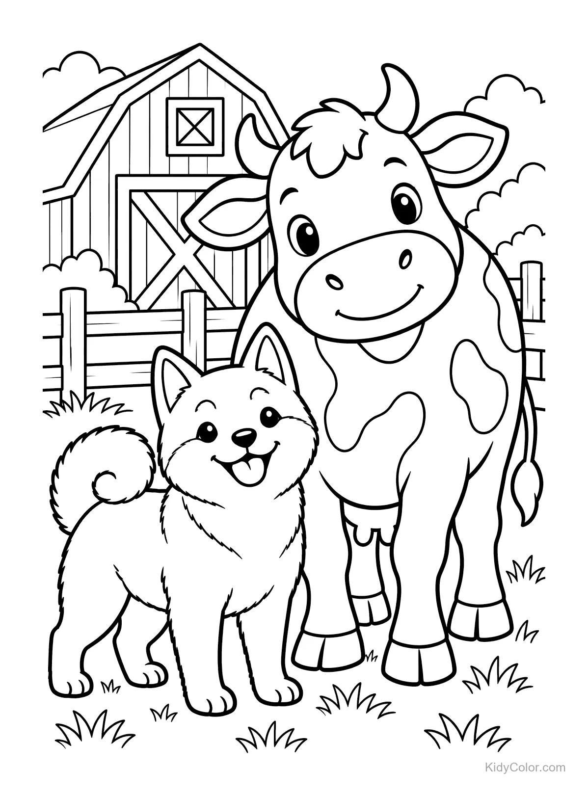 Shiba Inu dog and cow standing together with a barn behind.