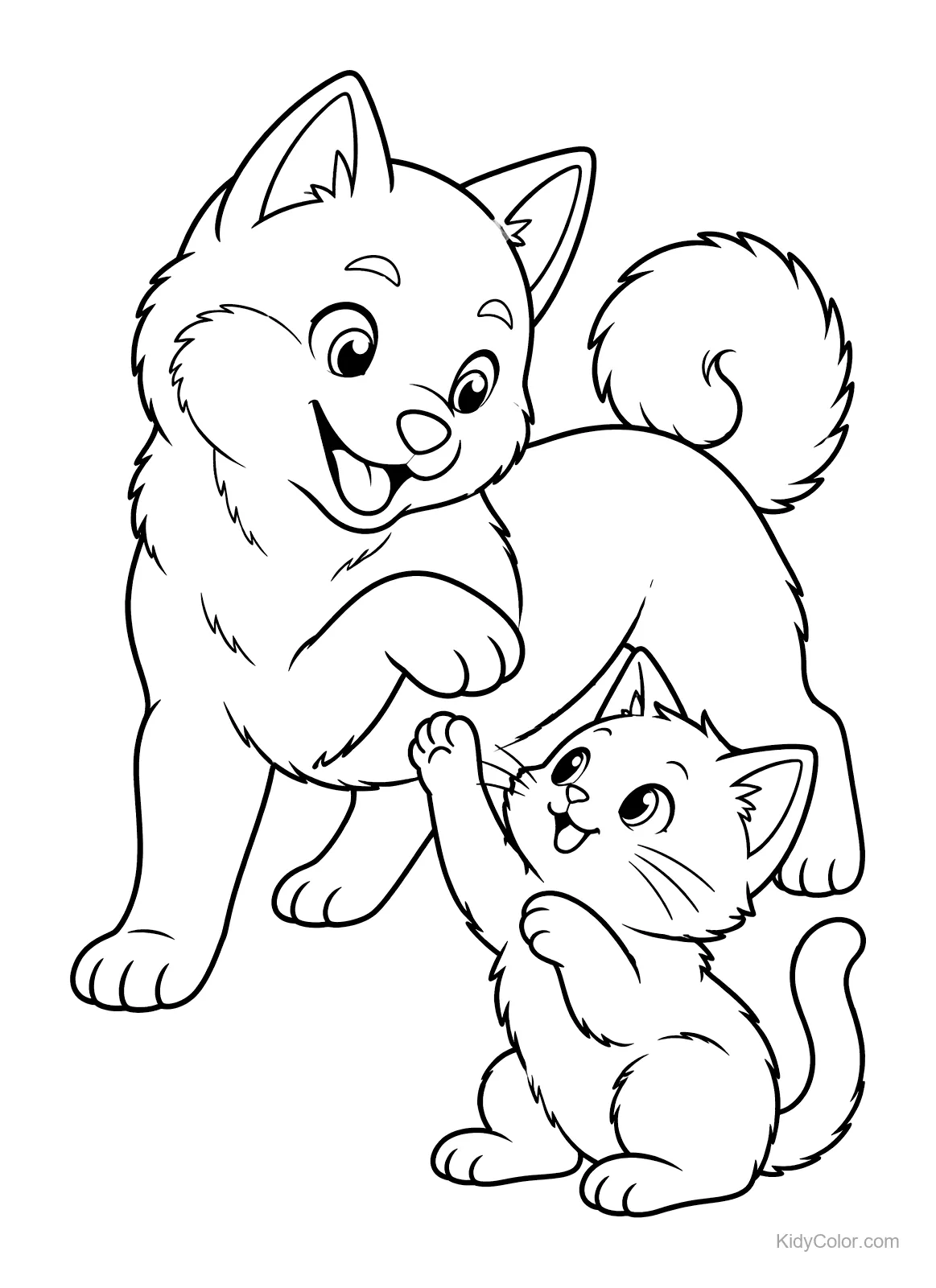 Un chiot Shiba Inu et un chaton jouent ensemble.