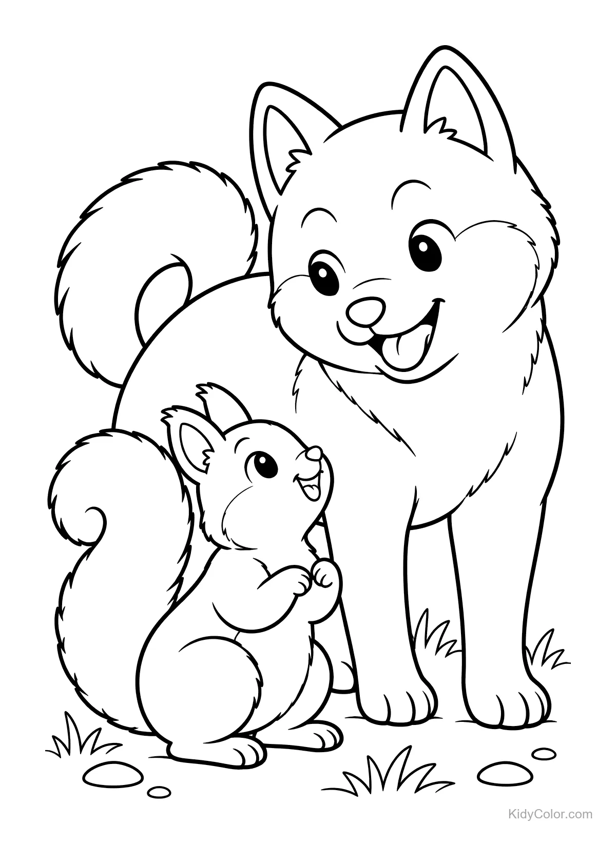 A Shiba Inu and a squirrel looking at each other happily.