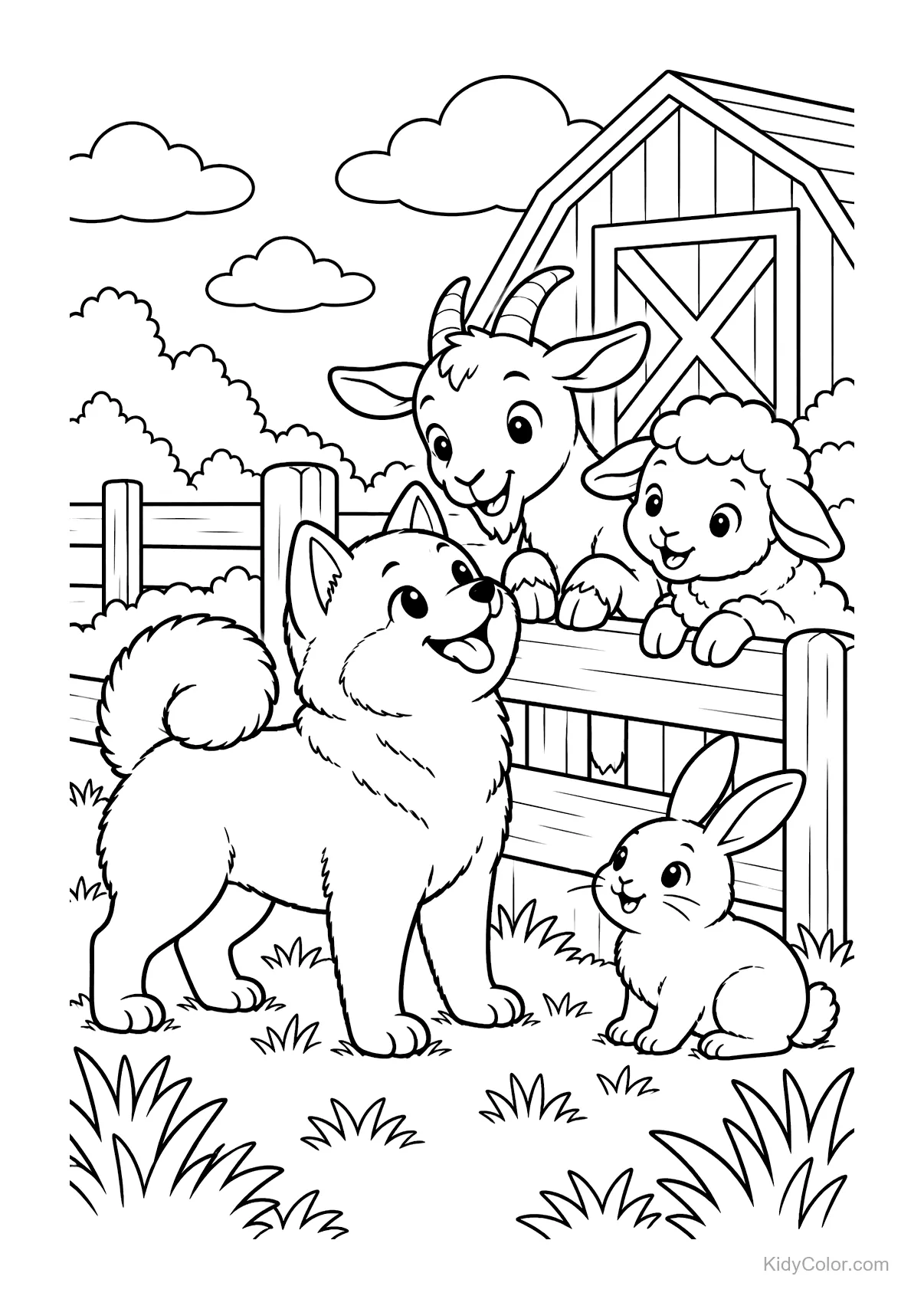 A Shiba Inu in front of a goat, lamb, and rabbit at a petting zoo.