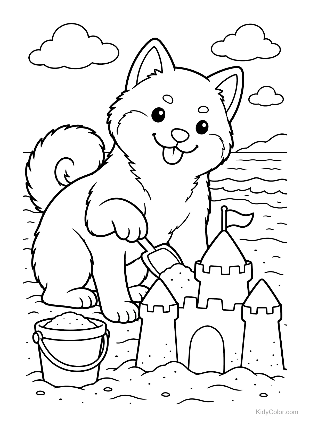 Pies Shiba Inu budujący zamek z piasku na plaży z wiaderkiem.