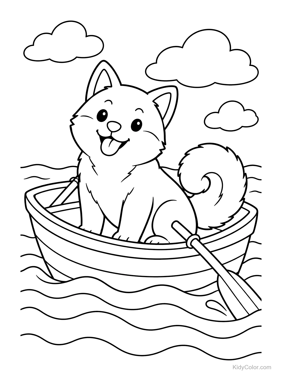 Shiba Inu seduto in una barca a remi con acqua e nuvole.