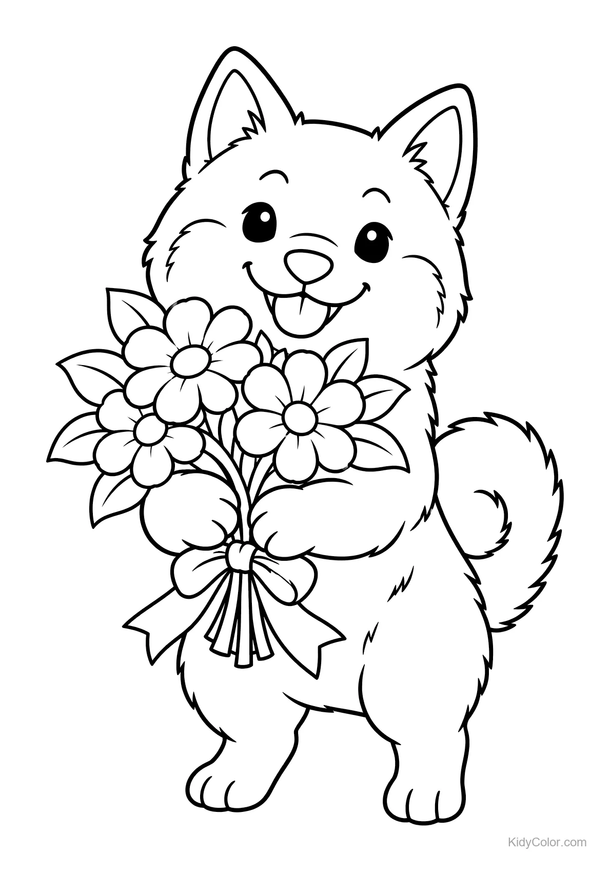 Shiba Inu mit Blumenstrauß und lächelndem Gesicht.