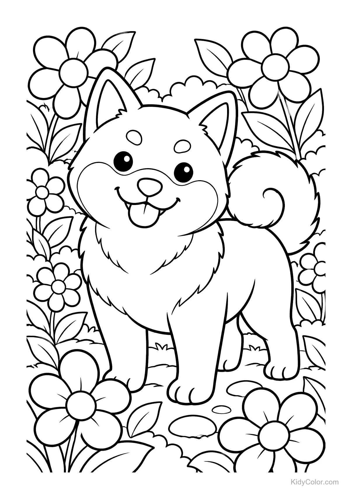 Een Shiba Inu in een tuin met bloemen eromheen.