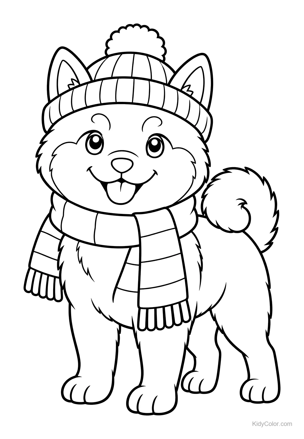 Shiba Inu portant un bonnet et une écharpe d'hiver, souriant.