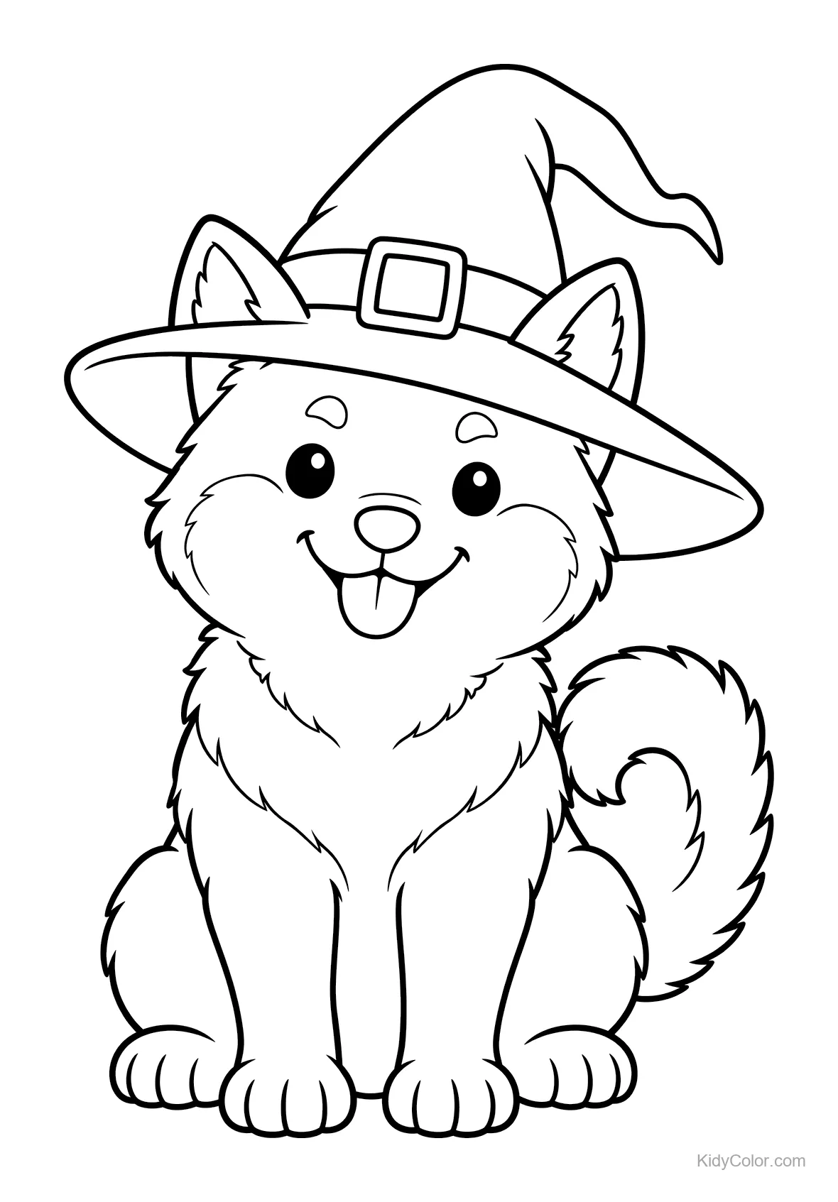 Shiba Inu Hund mit Hexenhut, fröhlich sitzend.