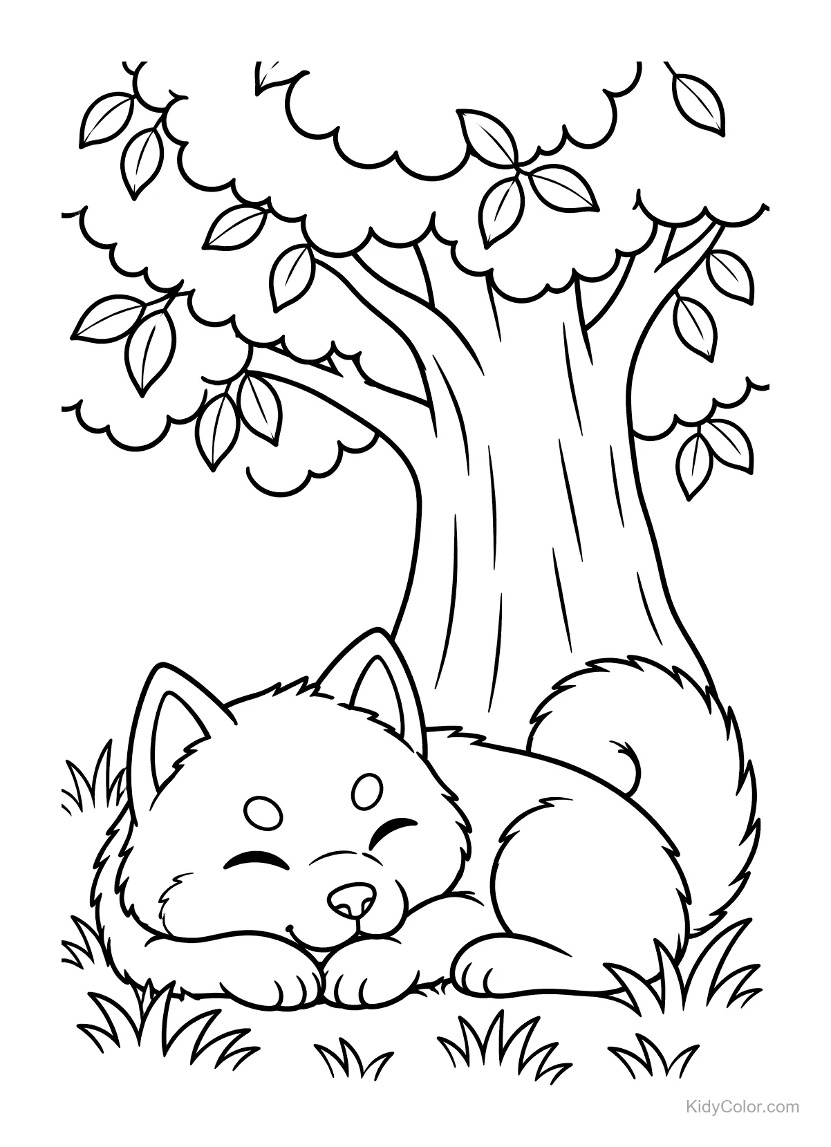 Shiba Inu sleeping under a tree in a peaceful setting.