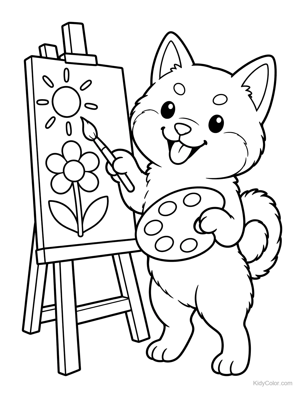 Shiba Inu dipinge un fiore su una tela con un cavalletto.