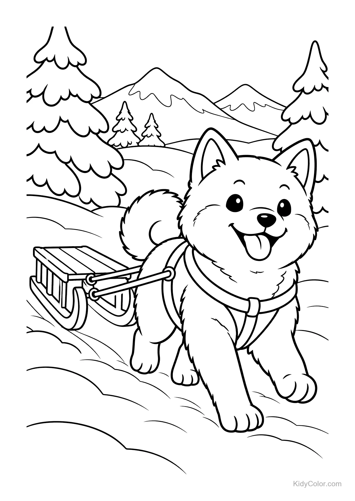 Cheerful Shiba Inu pulling a sled through a snowy landscape.