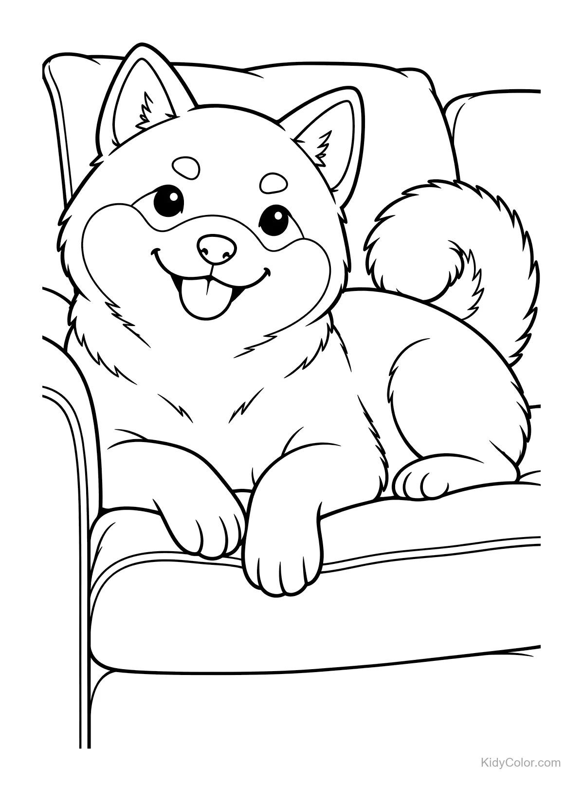 A smiling Shiba Inu lounging on a comfy couch.