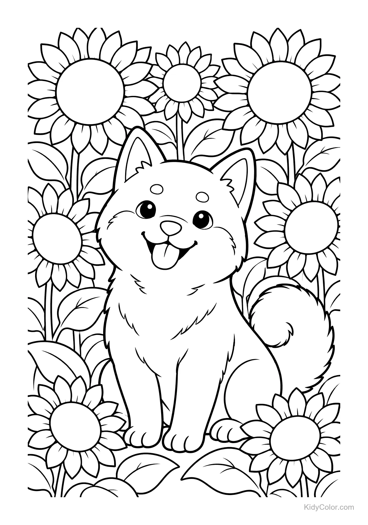 A cute Shiba Inu sitting amidst sunflowers, smiling.
