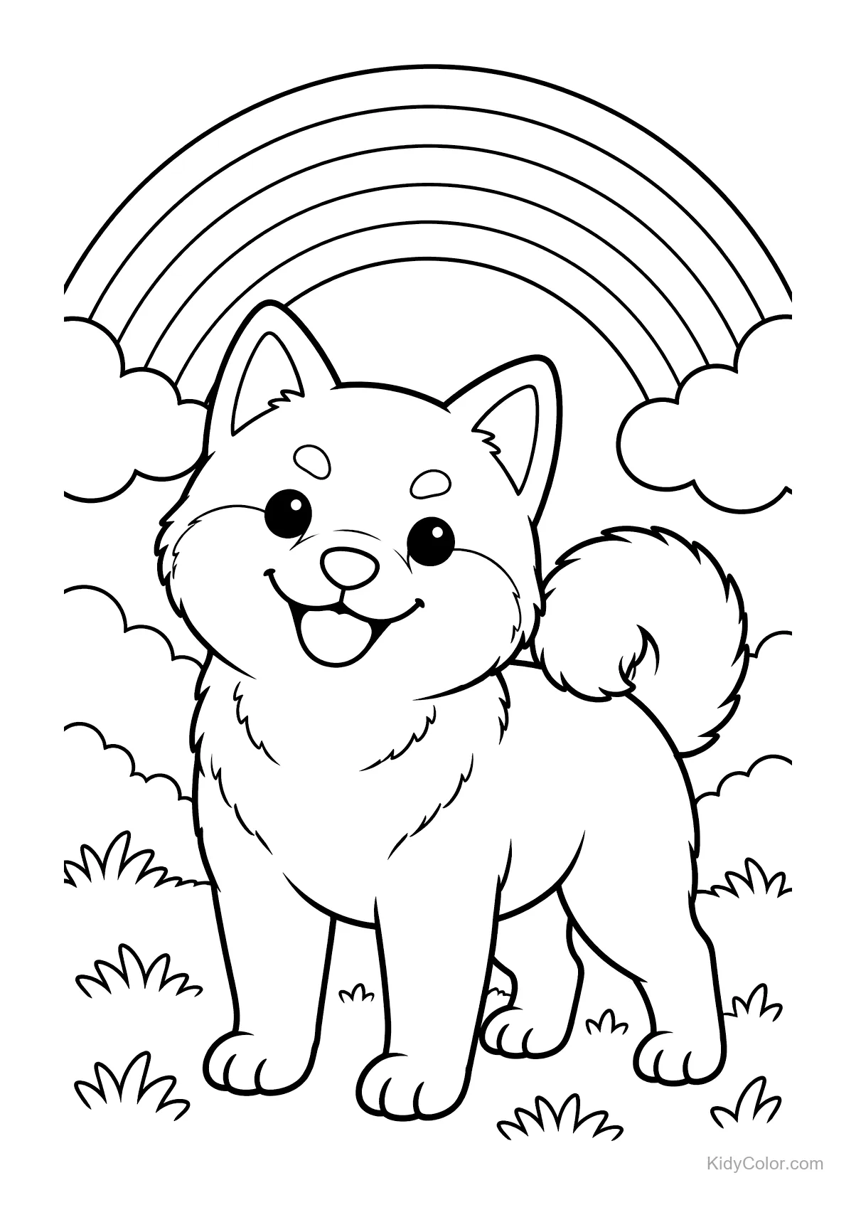 Shiba Inu sotto un arcobaleno con nuvole sullo sfondo.