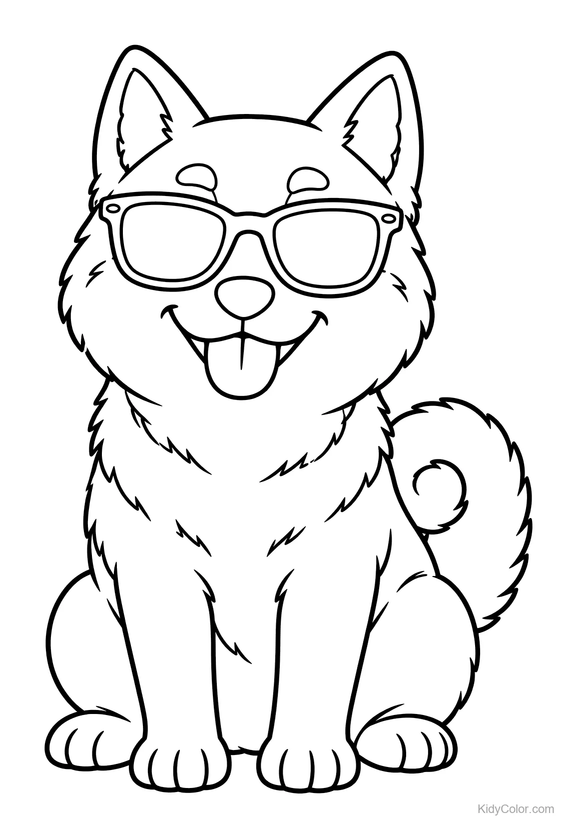 Shiba Inu con occhiali da sole, seduto e sorridente.