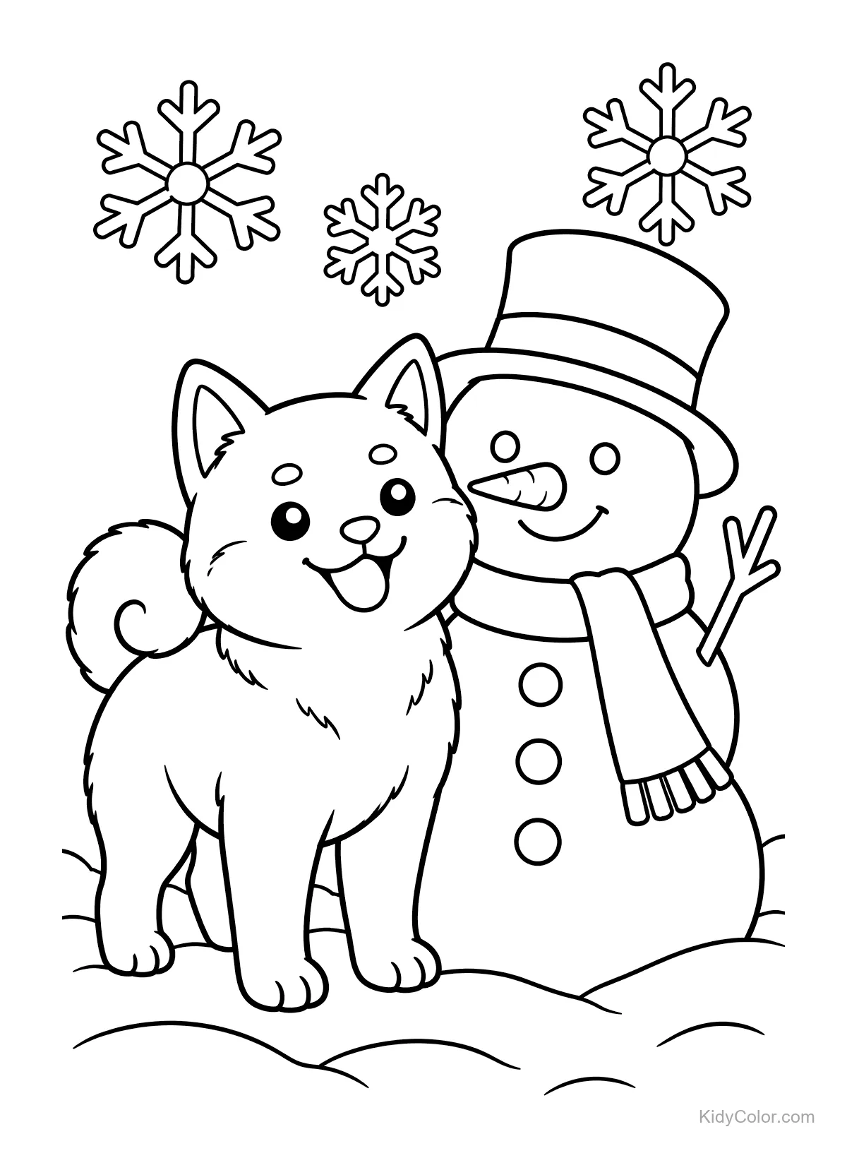 Shiba Inu standing next to a snowman with snowflakes above.