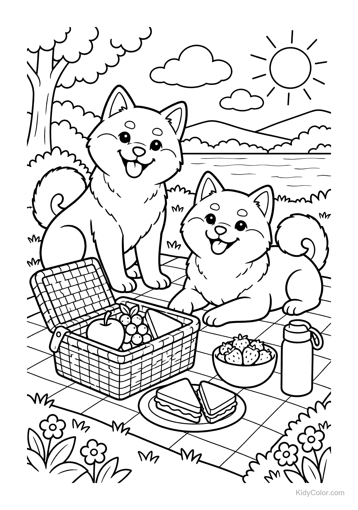 Shiba Inus beim Picknick mit Korb, Obst und Sandwiches.