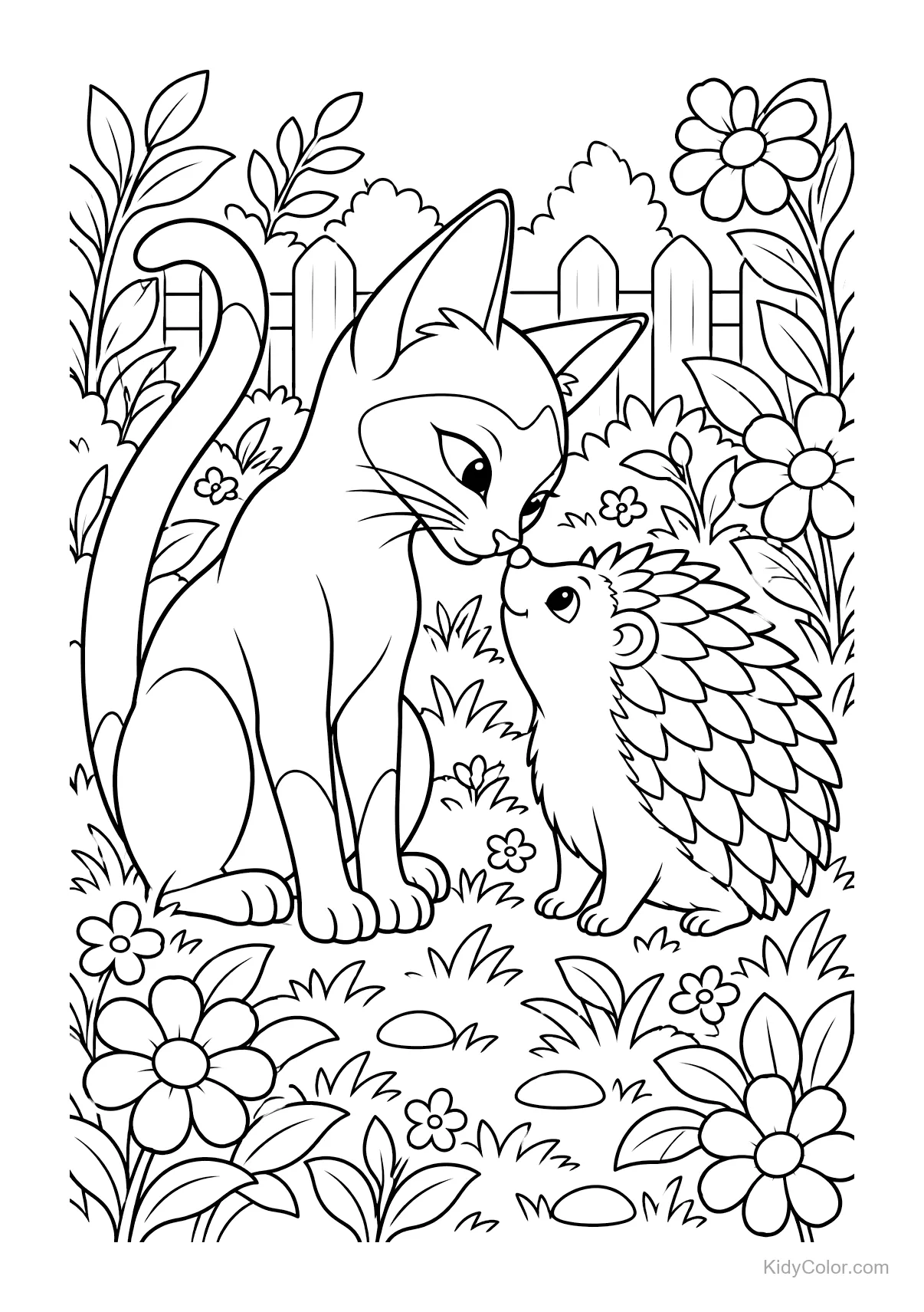 Siamkatze und Igel stehen sich im Garten mit Blumen gegenüber.