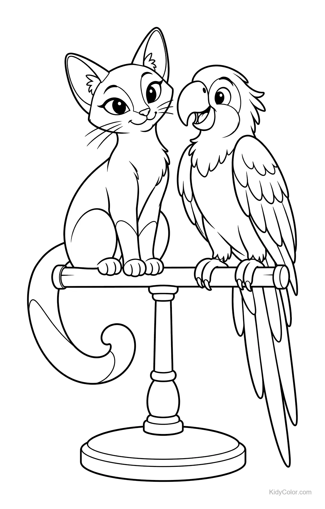 Gatto siamese e pappagallo su un trespolo in bianco e nero.