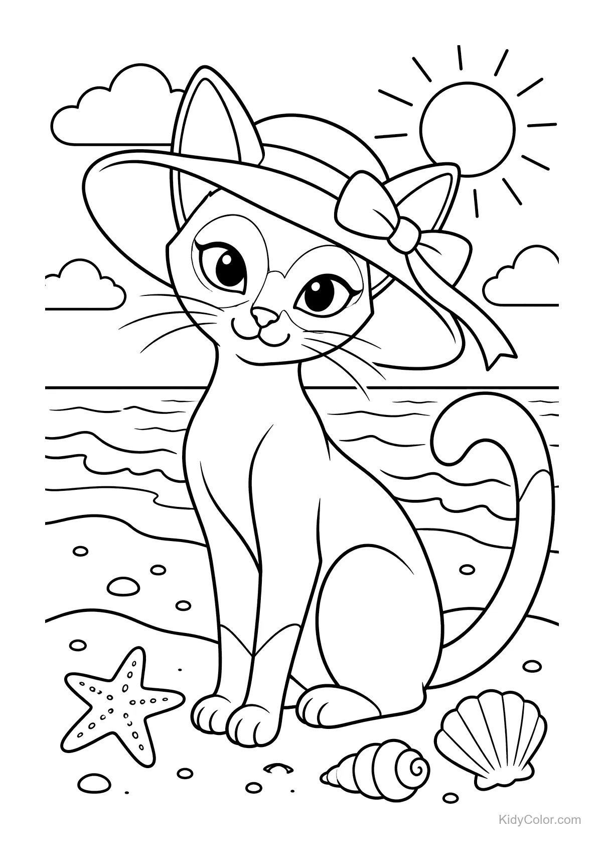 Siamese cat on beach wearing a hat with starfish and shells.