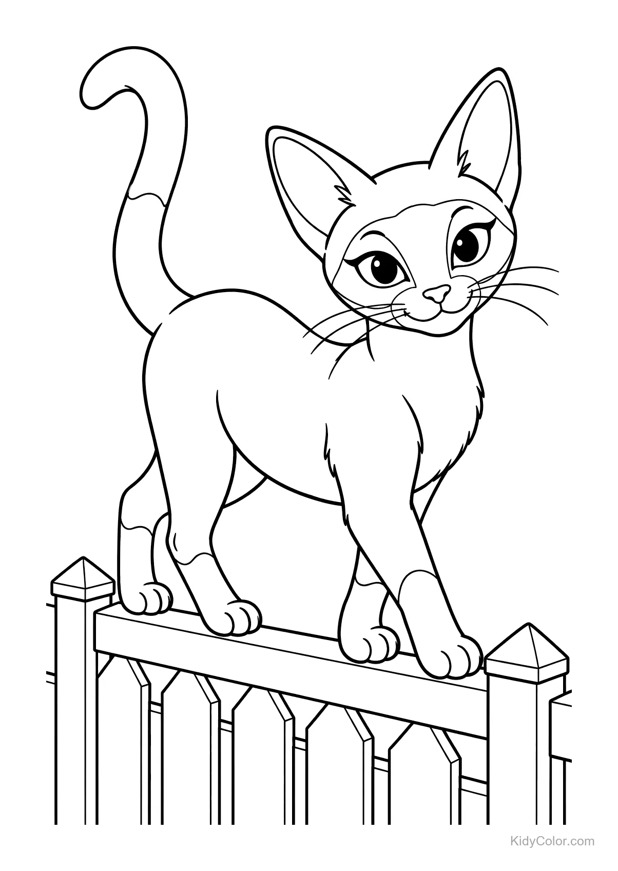 Eine Siamkatze balanciert auf einem Gartenzaun.