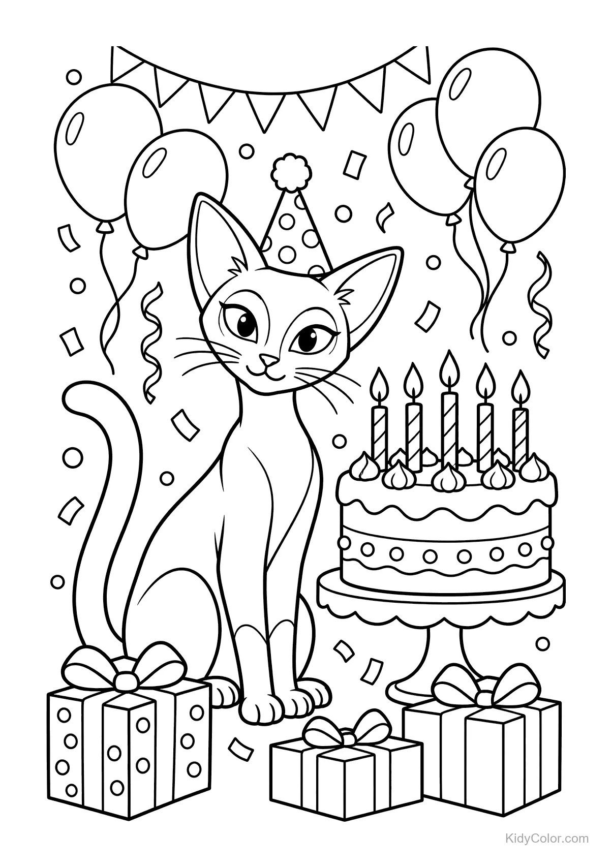 Siamkatze mit Partyhut, sitzt neben Geburtstagskuchen, Luftballons und Geschenken.