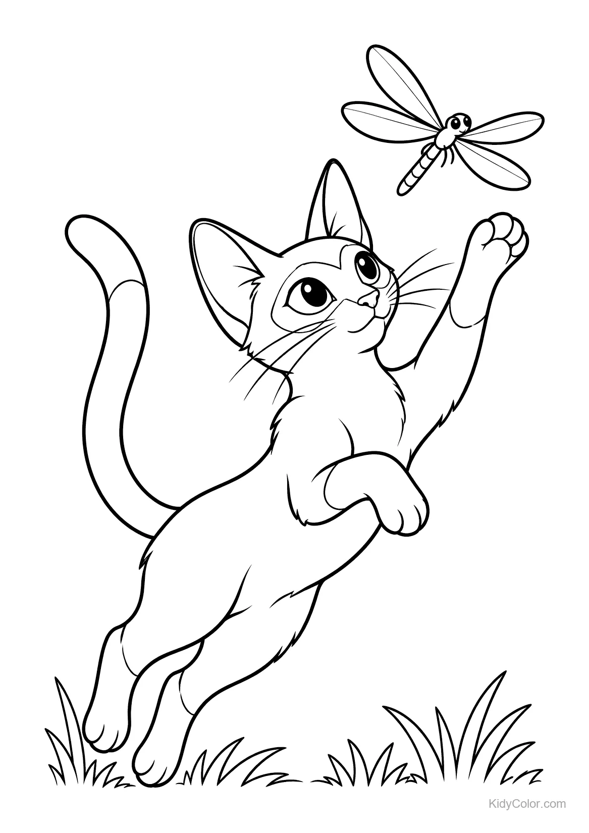 Siamese cat jumping to catch a dragonfly in the air.