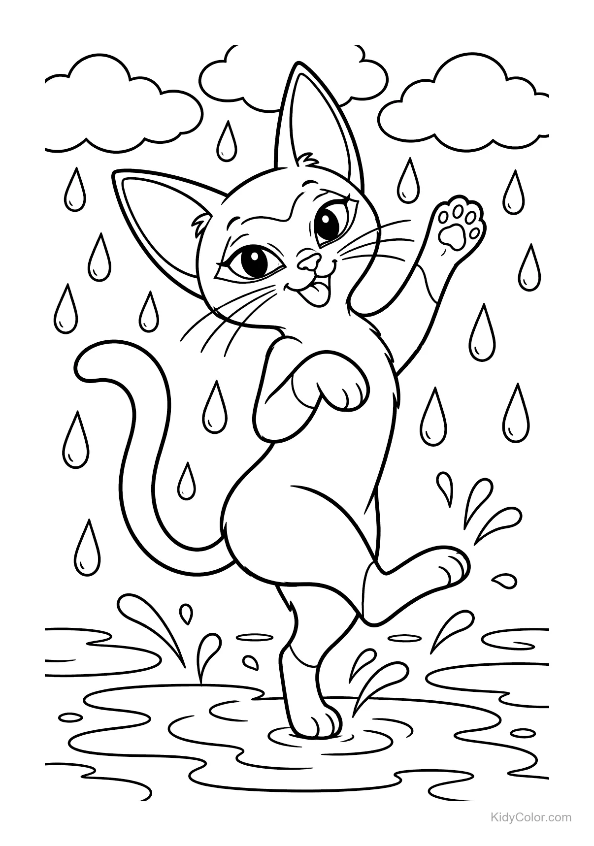 Siamese cat dances in rain with raindrops and puddles.