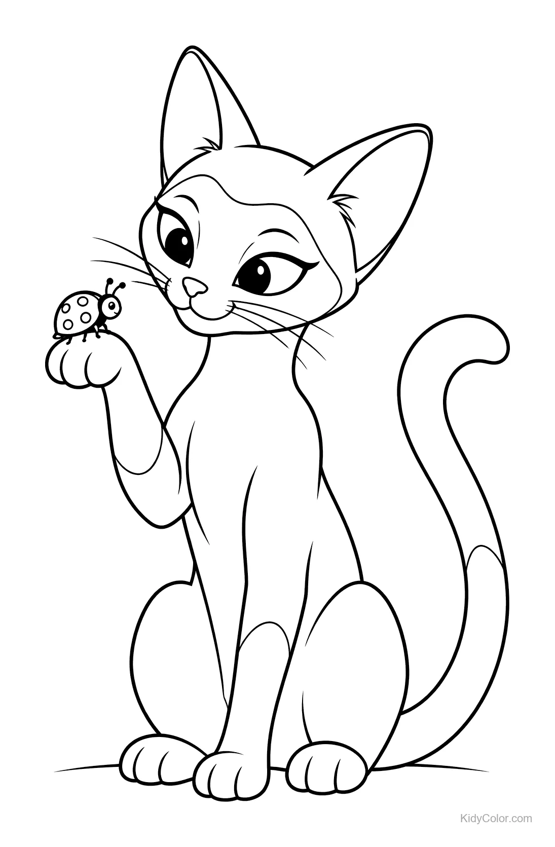 A Siamese cat holding a ladybug on its raised paw.