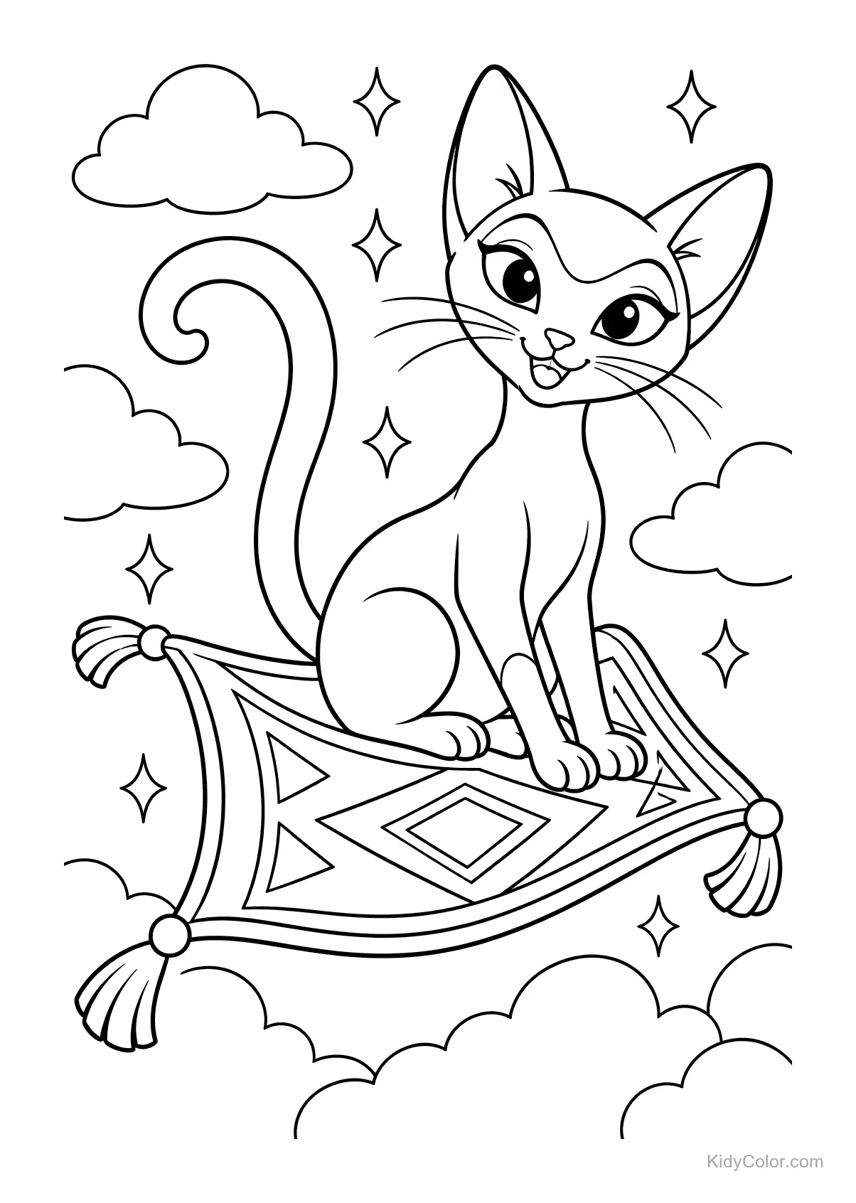 Siamkatze sitzt auf einem fliegenden Teppich mit Wolken und Sternen.