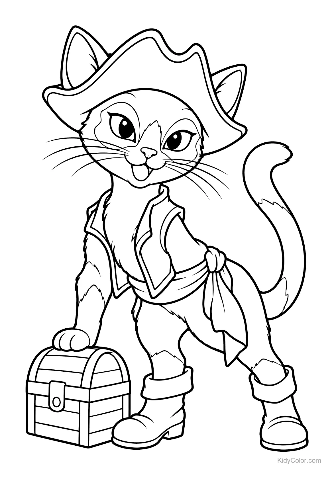 Siamkatze als Pirat mit einer Schatztruhe.