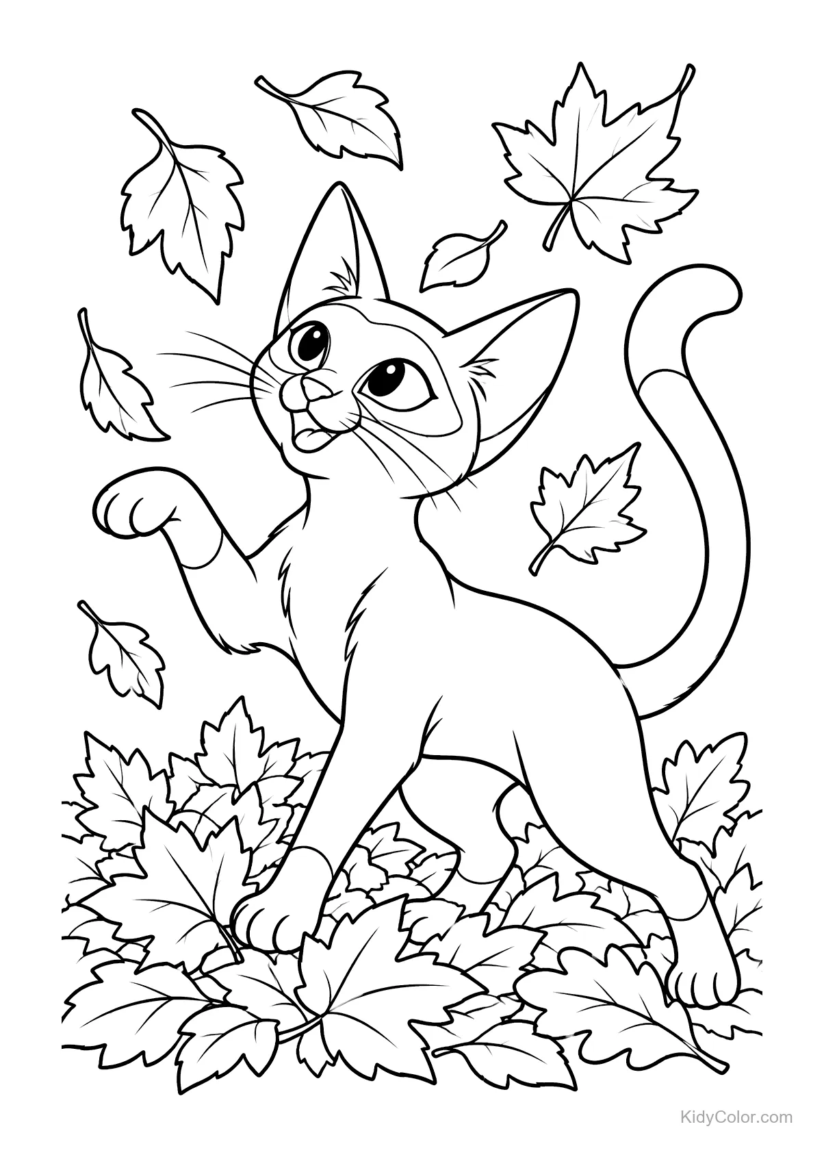 Siamkatze spielt mit fallenden Herbstblättern um sie herum.
