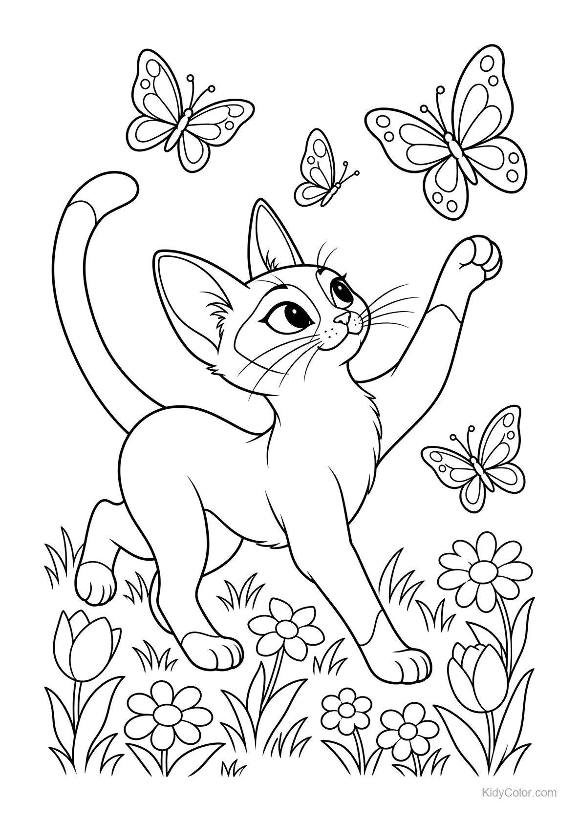 Siamkatze springt im Garten mit Schmetterlingen und Blumen.