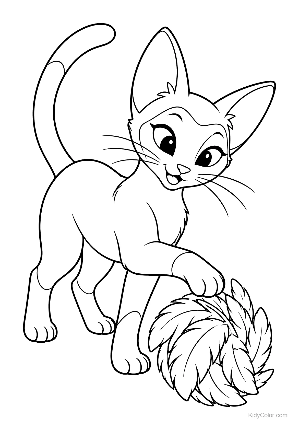 Siamese cat playing with a feather ball in line art.