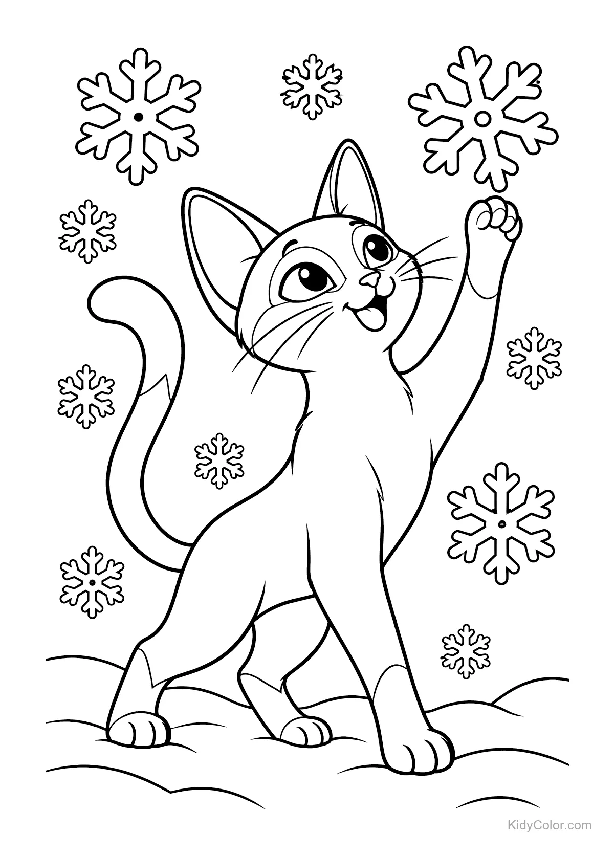 Chat siamois tendant la patte vers des flocons de neige.