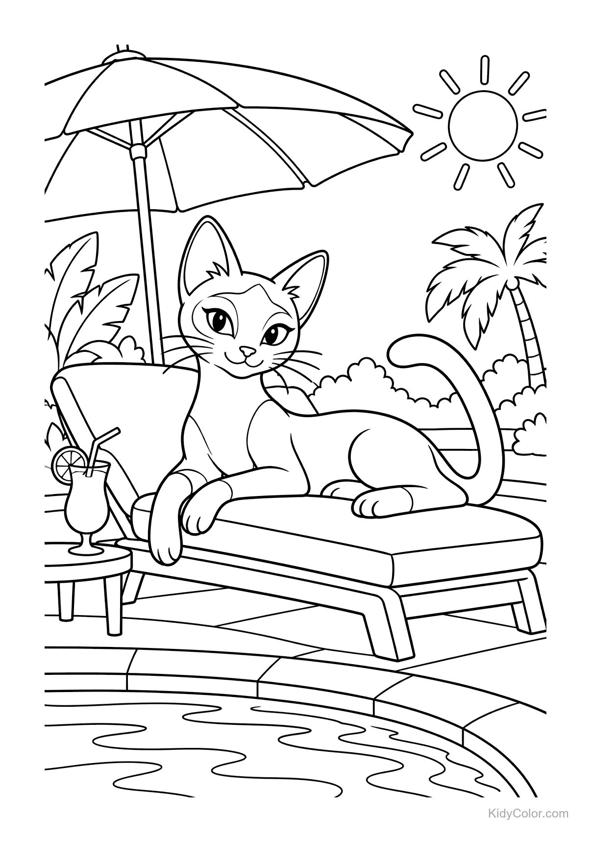Siamkatze auf einem Liegestuhl am Pool mit Sonnenschirm und Getränk.