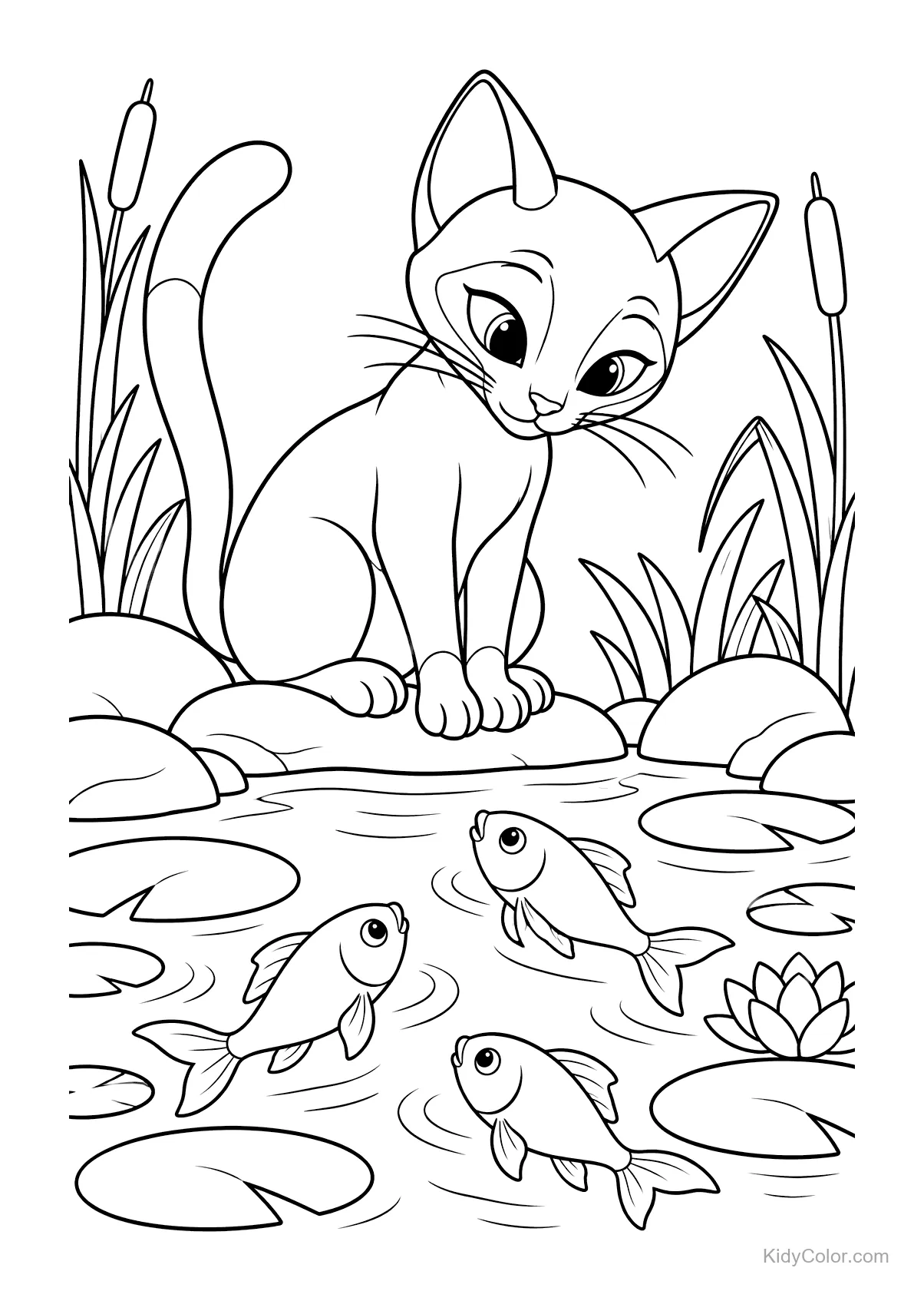 Siamkatze beobachtet Fische in einem von Pflanzen umgebenen Teich.