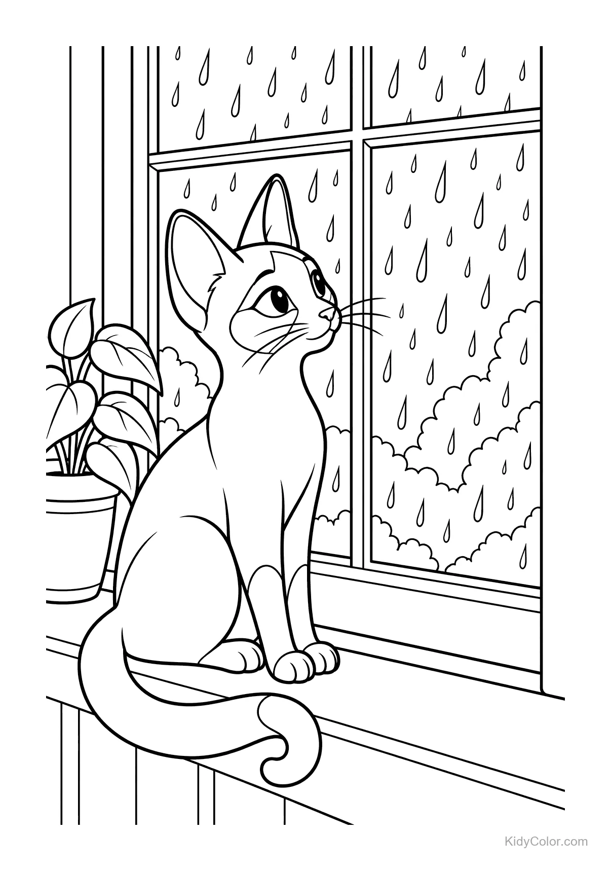 Siamkatze sitzt am Fenster und schaut in den Regen.