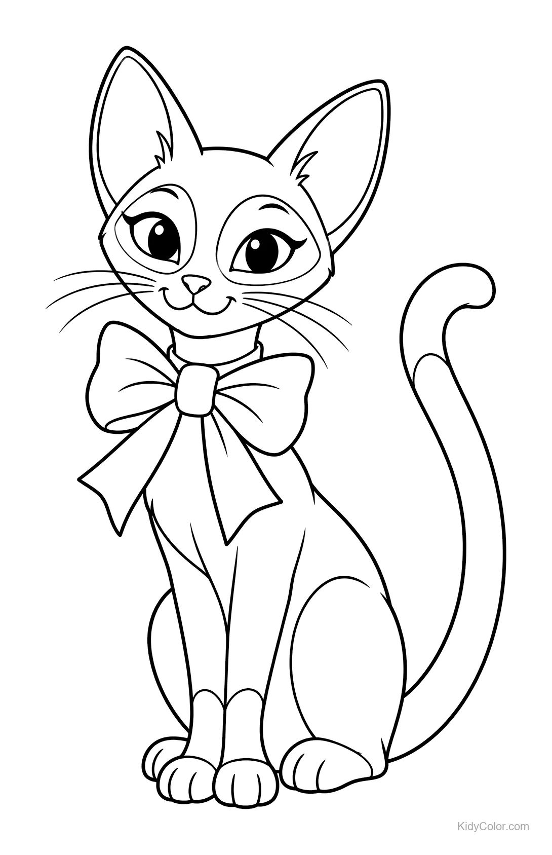 Siamese cat wearing a large bow sits upright.