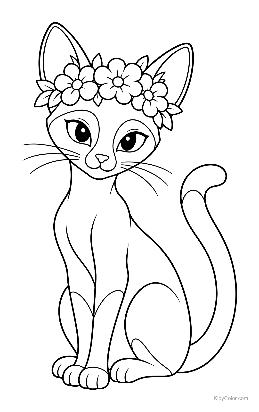 Sitzende Siamkatze mit Blumenkrone.