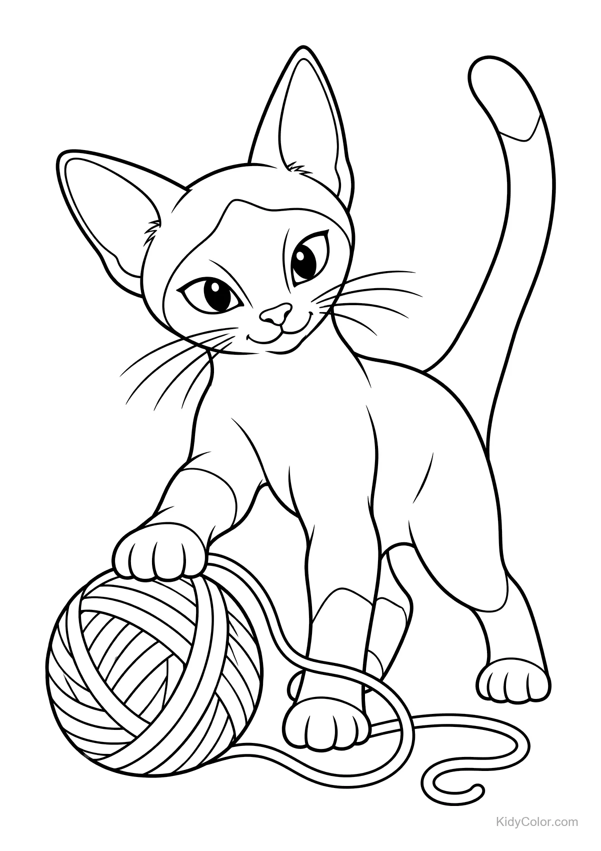 Siamkatze spielt mit einem Wollknäuel.