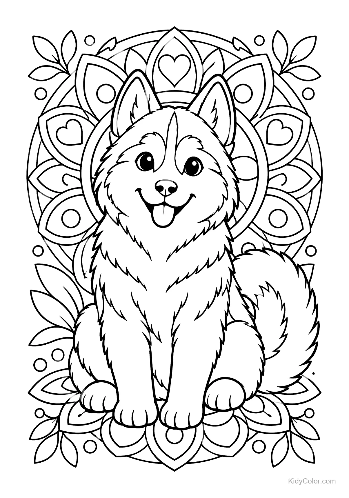 Husky siberiano seduto con sfondo mandala dettagliato.
