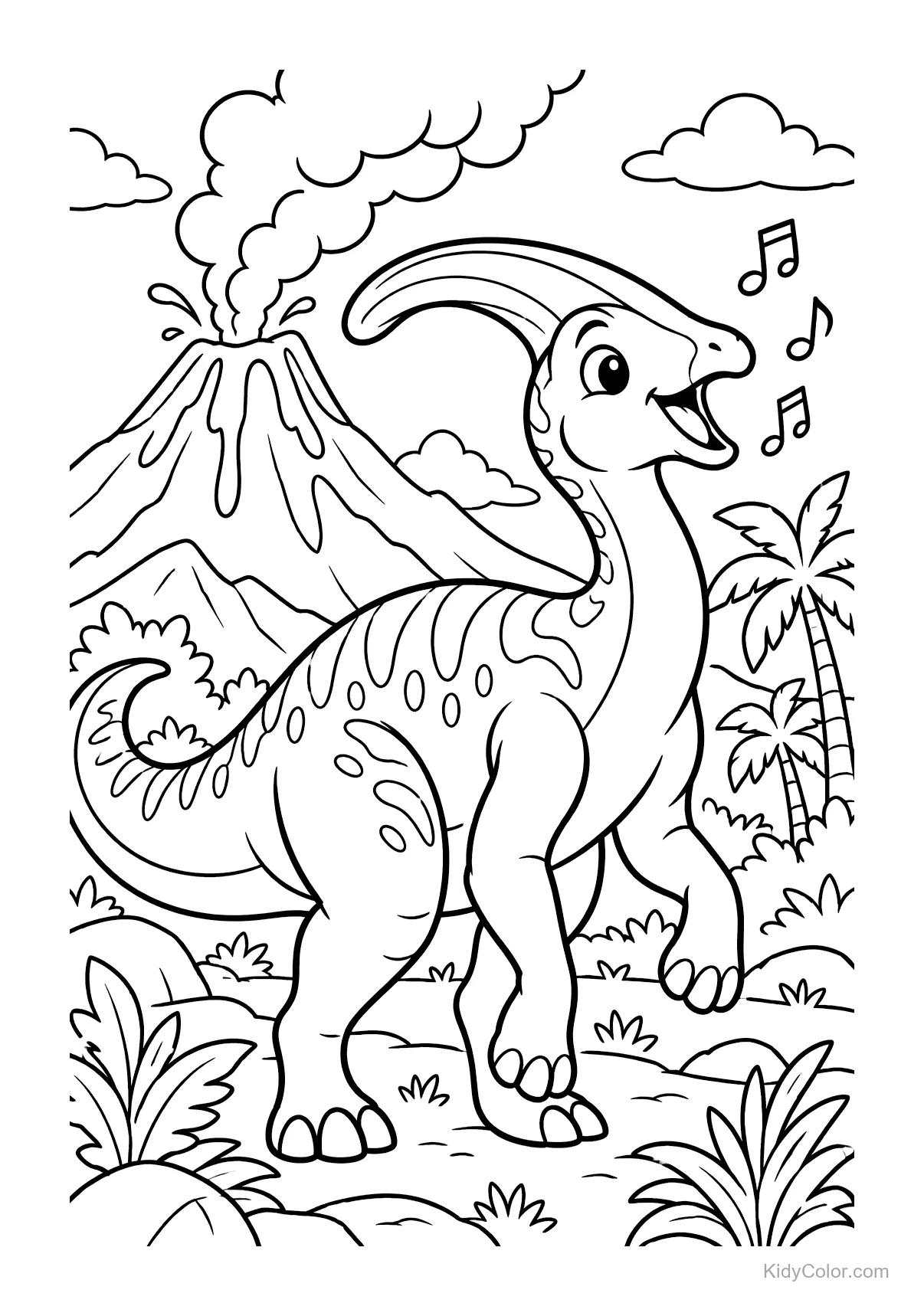 A dinosaur with musical notes in front of a volcano.