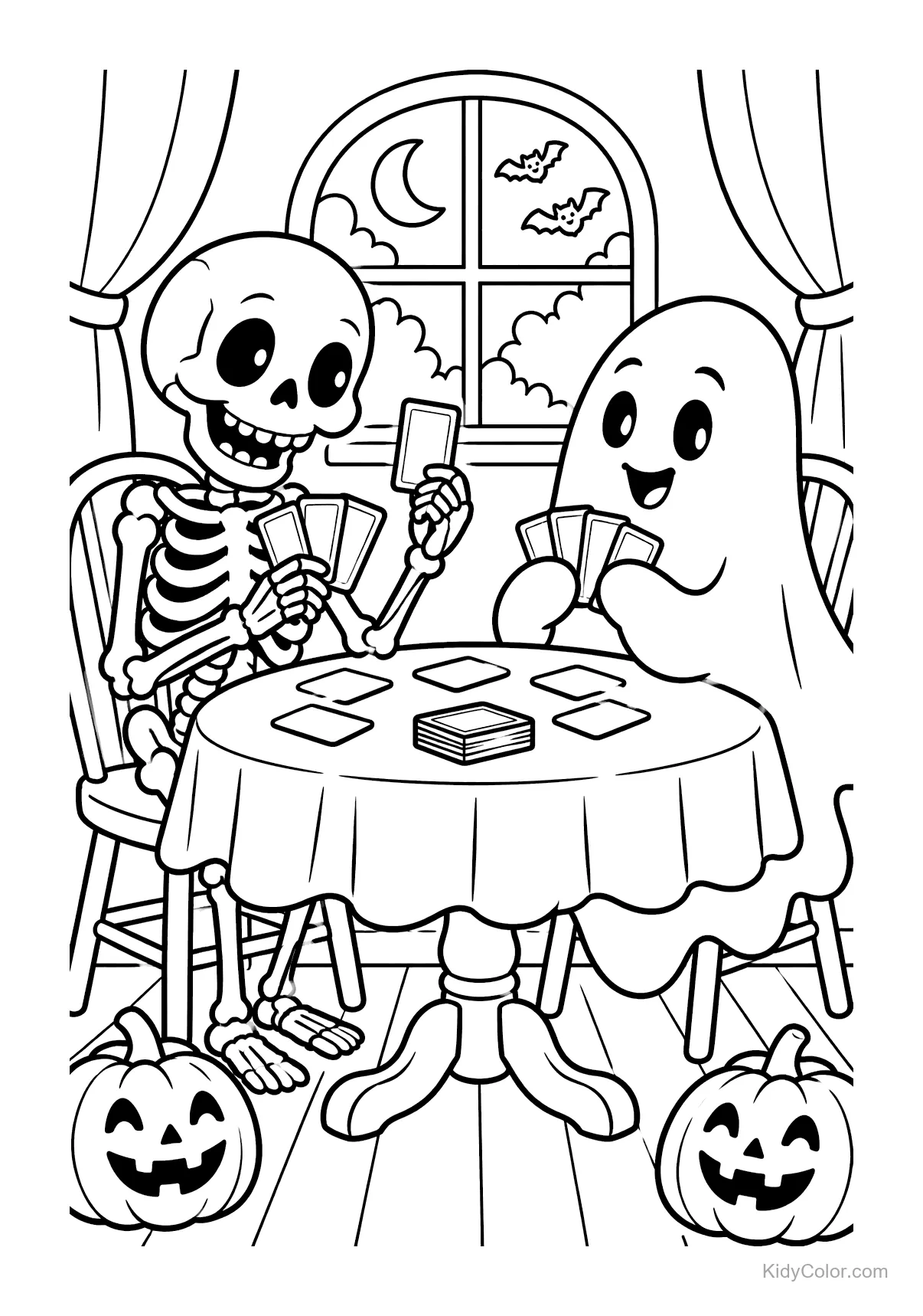 Esqueleto y fantasma sentados en una mesa jugando cartas con calabazas.