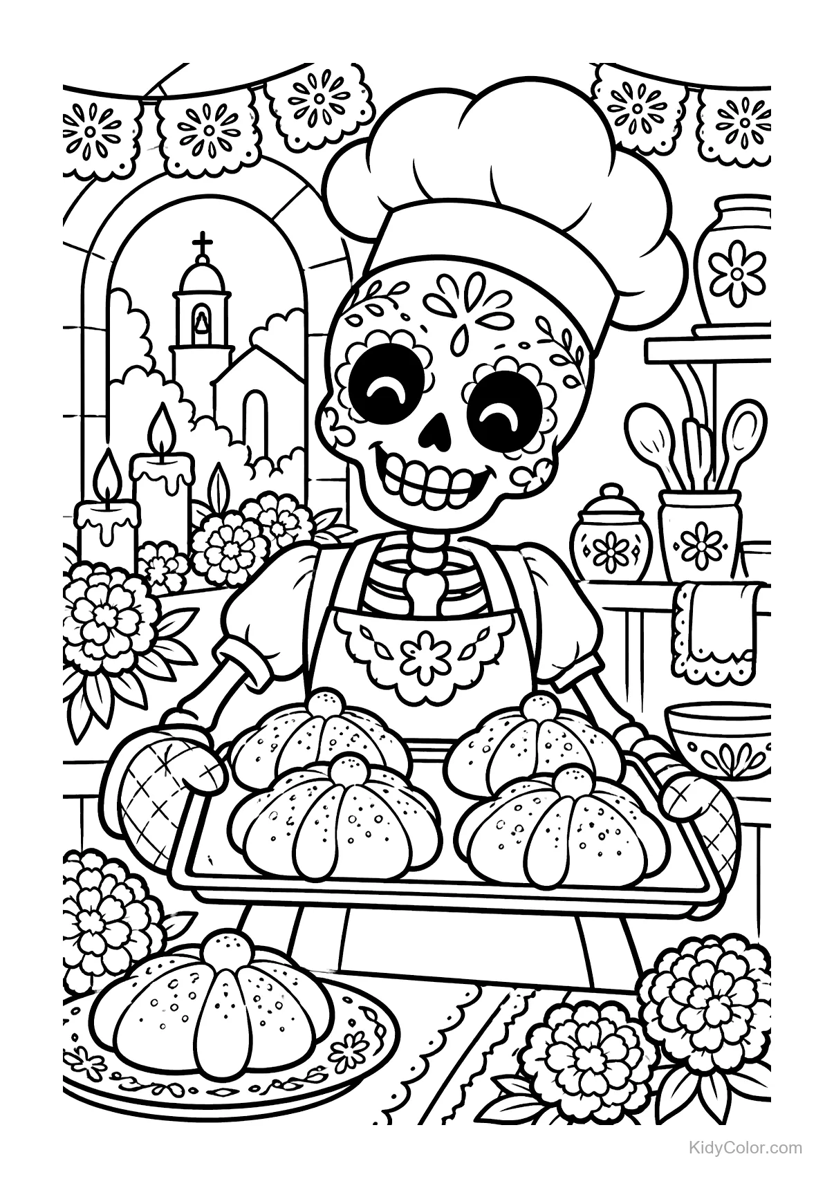 A skeleton baker in a kitchen with Día de Muertos bread.