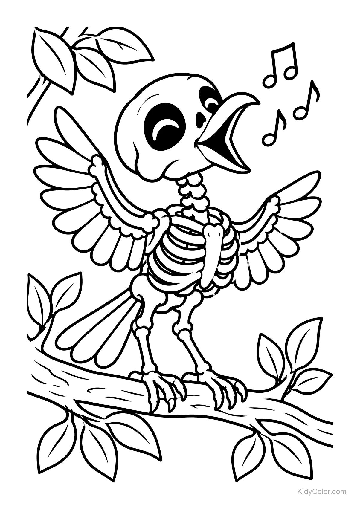Pájaro esqueleto cantando en una rama con notas musicales.