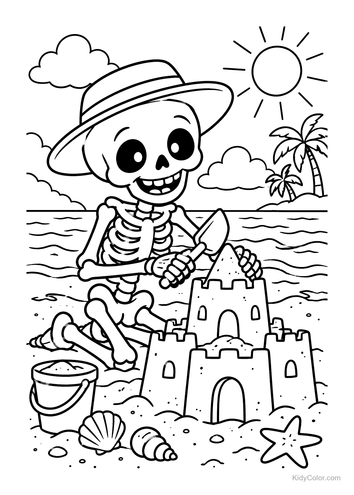 Esqueleto con sombrero construye un castillo de arena en la playa soleada.