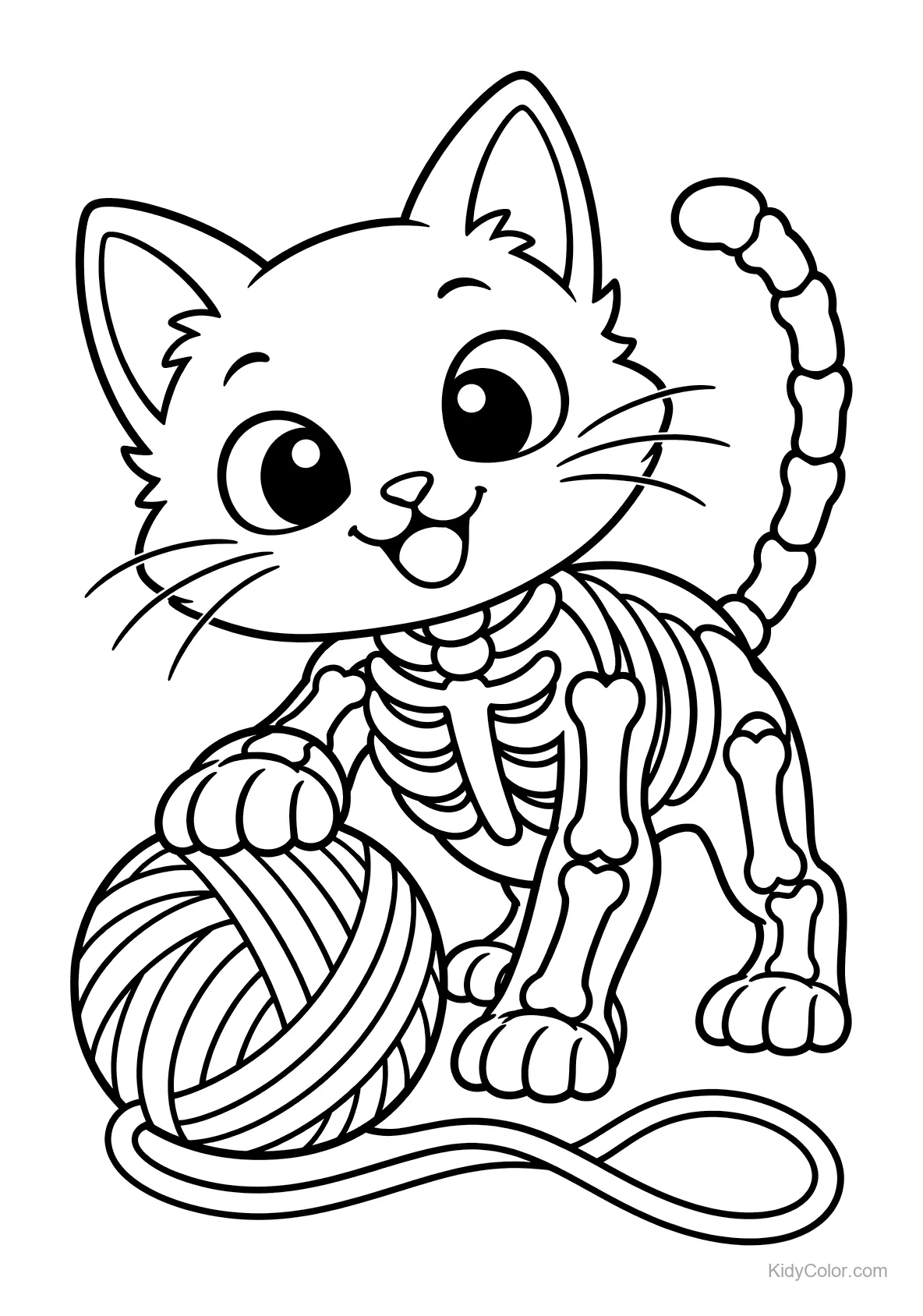 Eine Skelettkatze mit großen Augen und einem Wollknäuel.