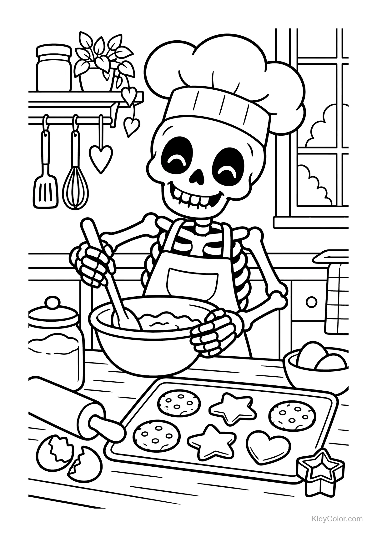 Esqueleto con gorro de chef horneando galletas en la cocina.