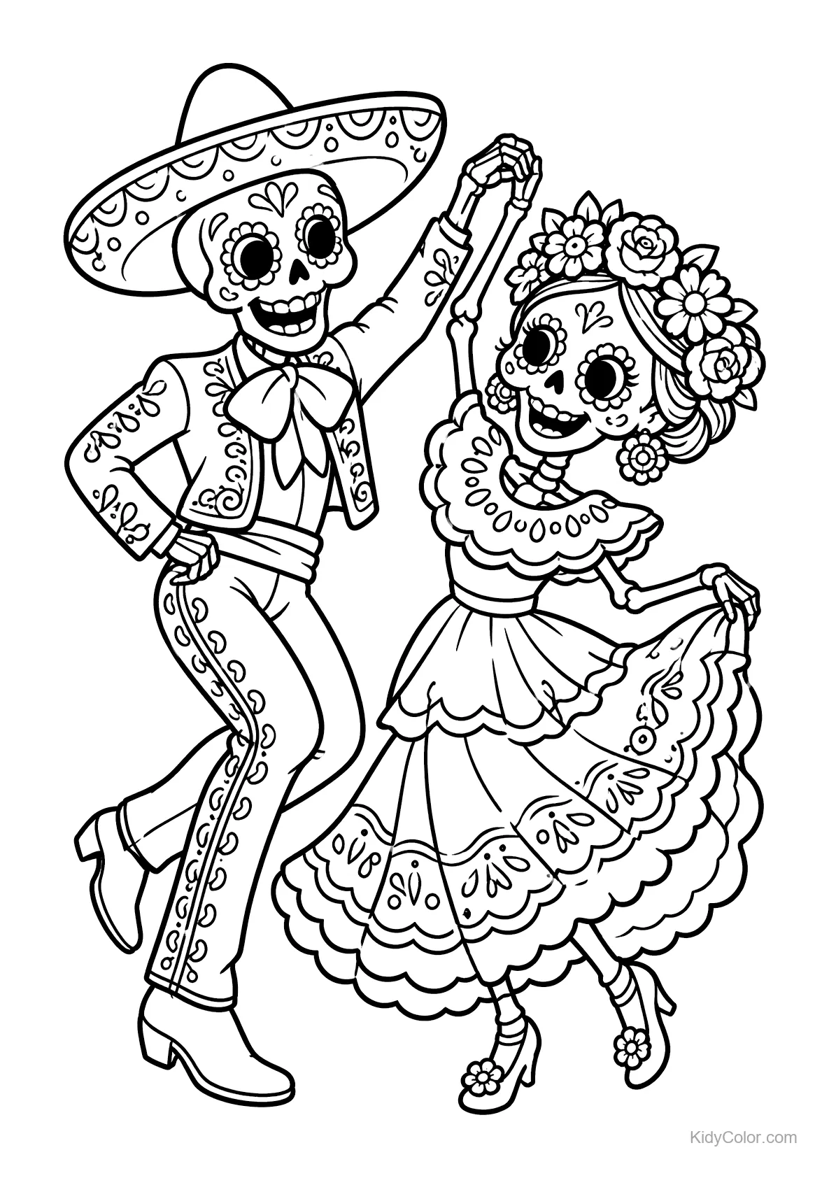 Skeleton couple dancing in traditional Day of the Dead clothing.