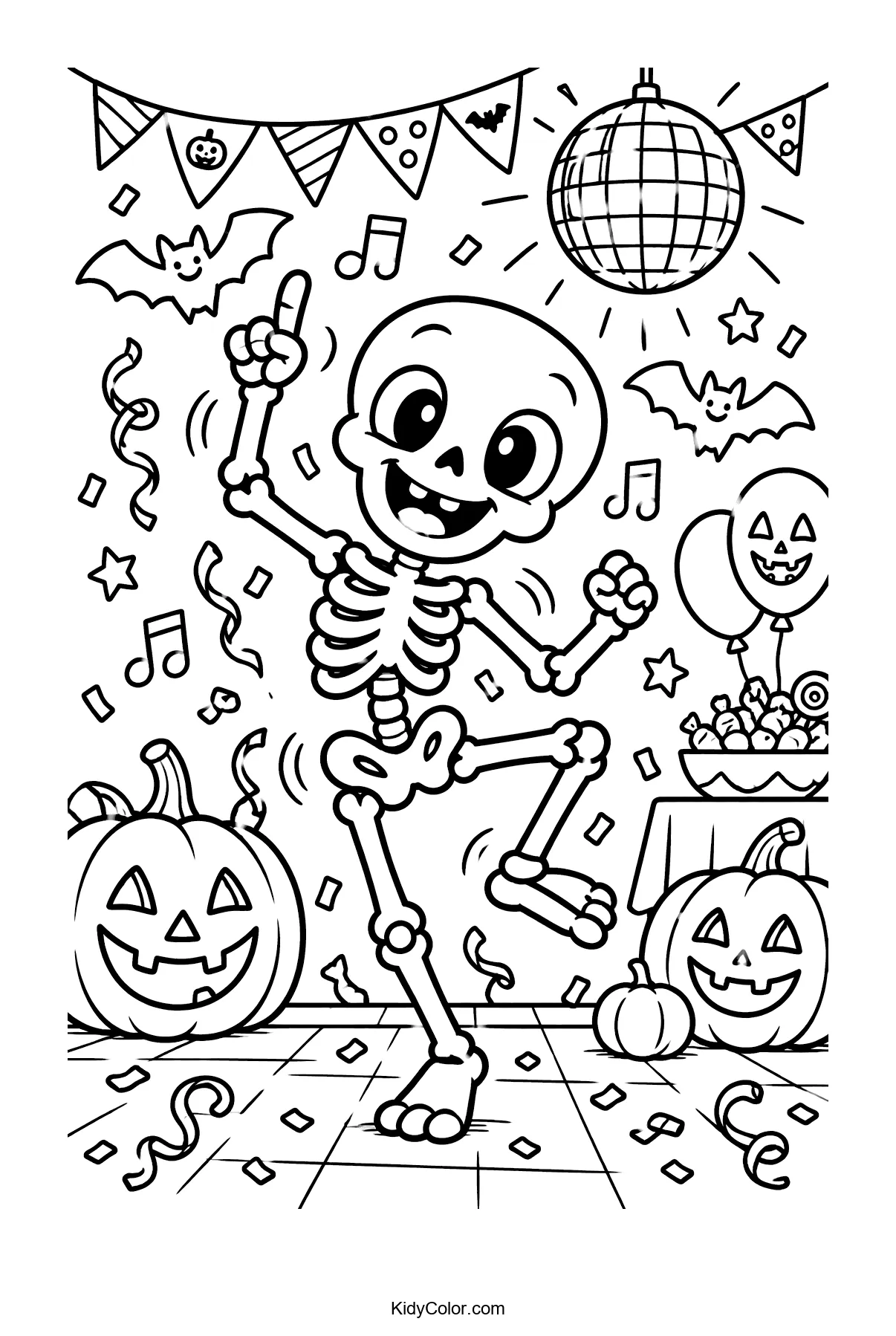 Skeleton dancing with pumpkins, balloons, and bats at a Halloween party.
